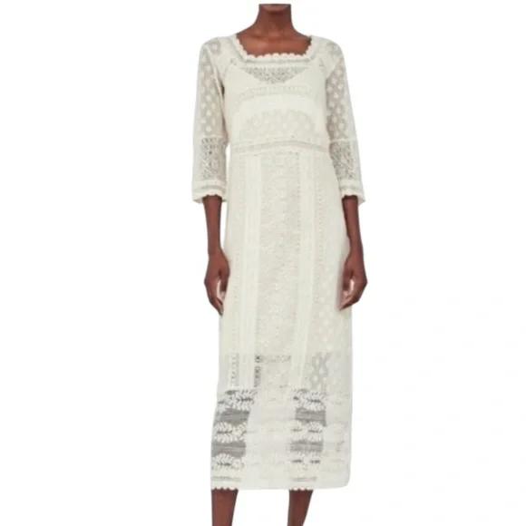 ZARA IVORY CREAM CROCHET LACE MIDI DRESS SIZE US SMALL - Picture 1 of 14